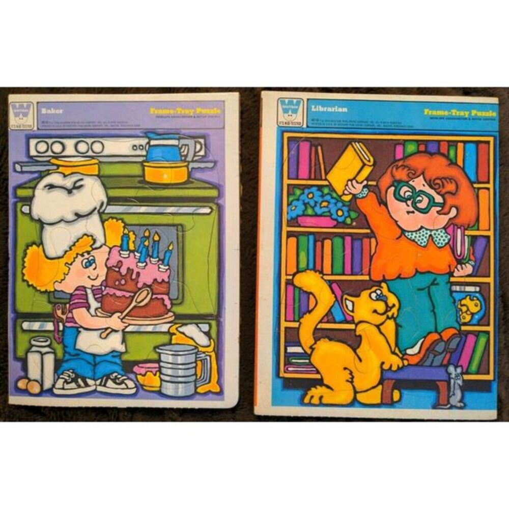 Lot of 2 Whitman Tray‎ Frame Puzzle The Librarian and The Baker 1976 Vintage